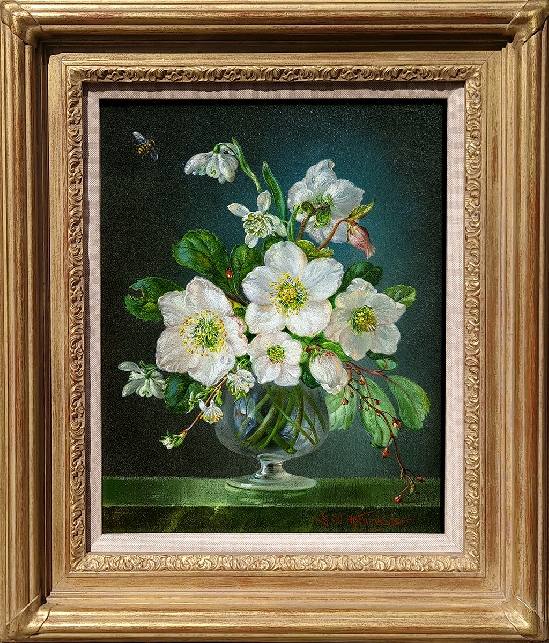 Cecil Kennedy - White Roses and Snowdrops in a Glass Vase