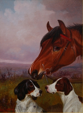 Head of a Bay Pony with Two Setters
