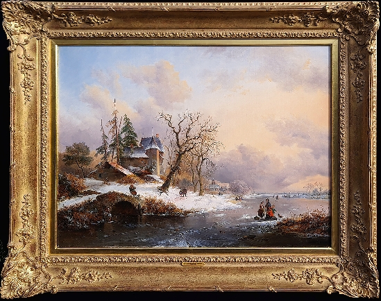 Fredrik Marinus Kruseman - Winter Landscape with Figures near a Mansion